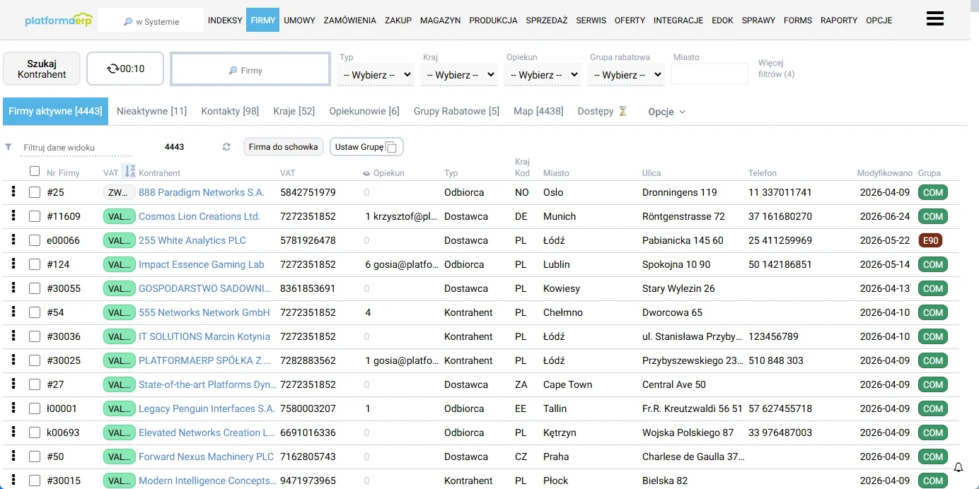 Master data w systemie platformaERP - lista kontrahentów